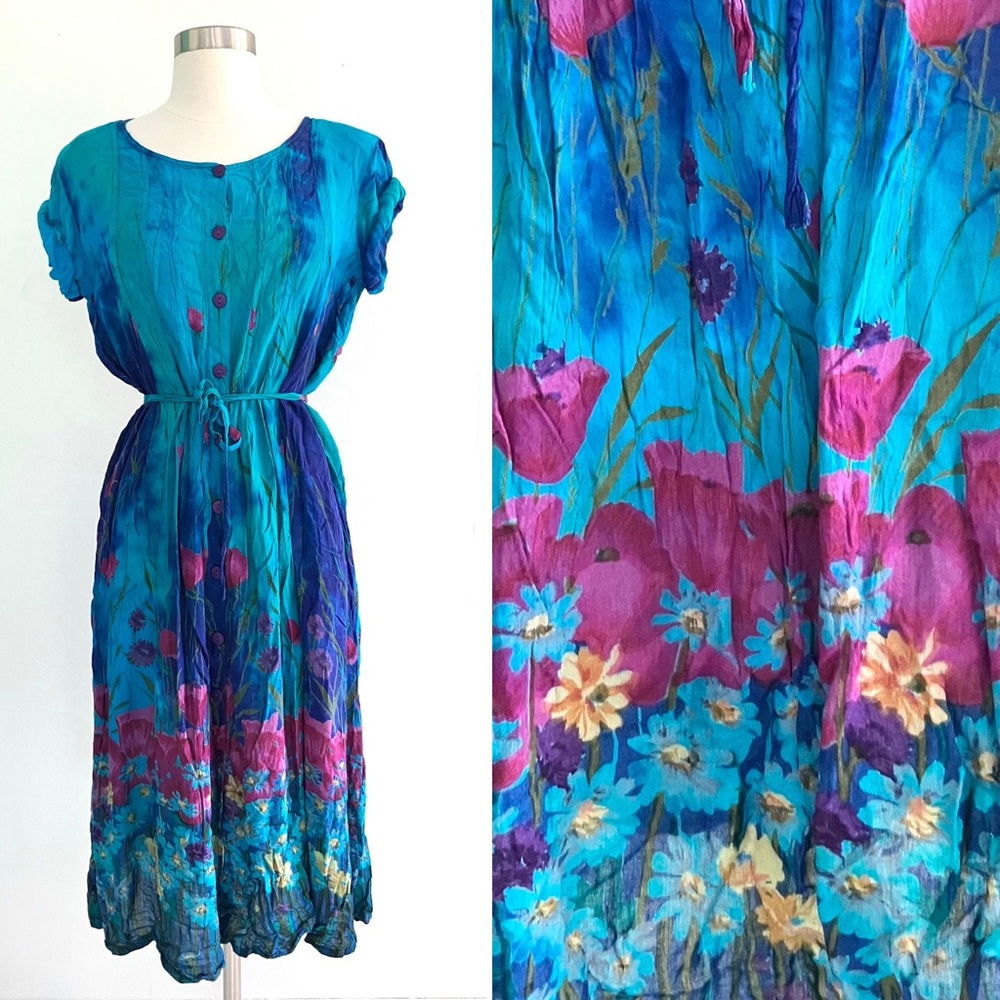 Vintage 90’s blue fuchsia floral rayon boho dress